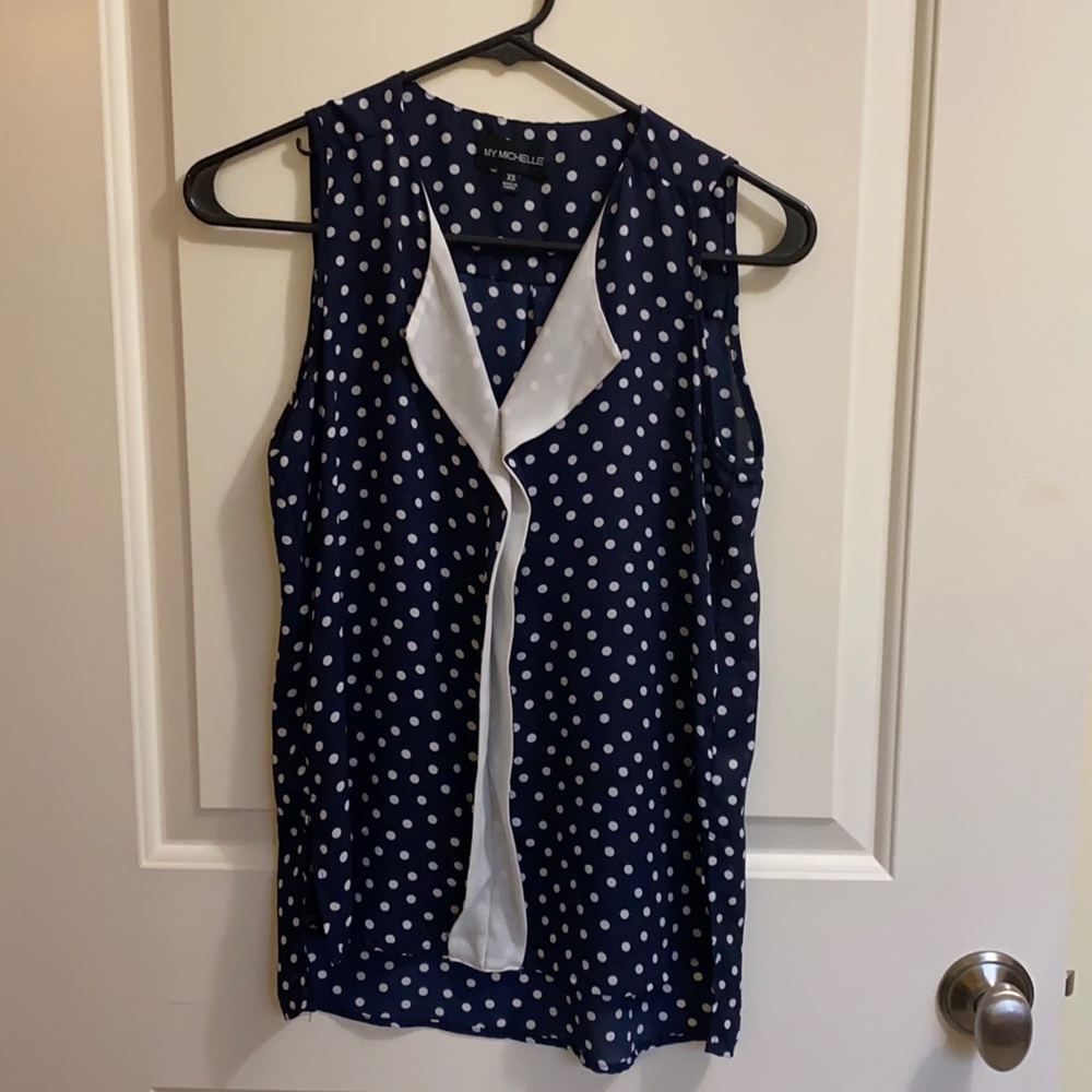 Navy blouse with white polka dots
